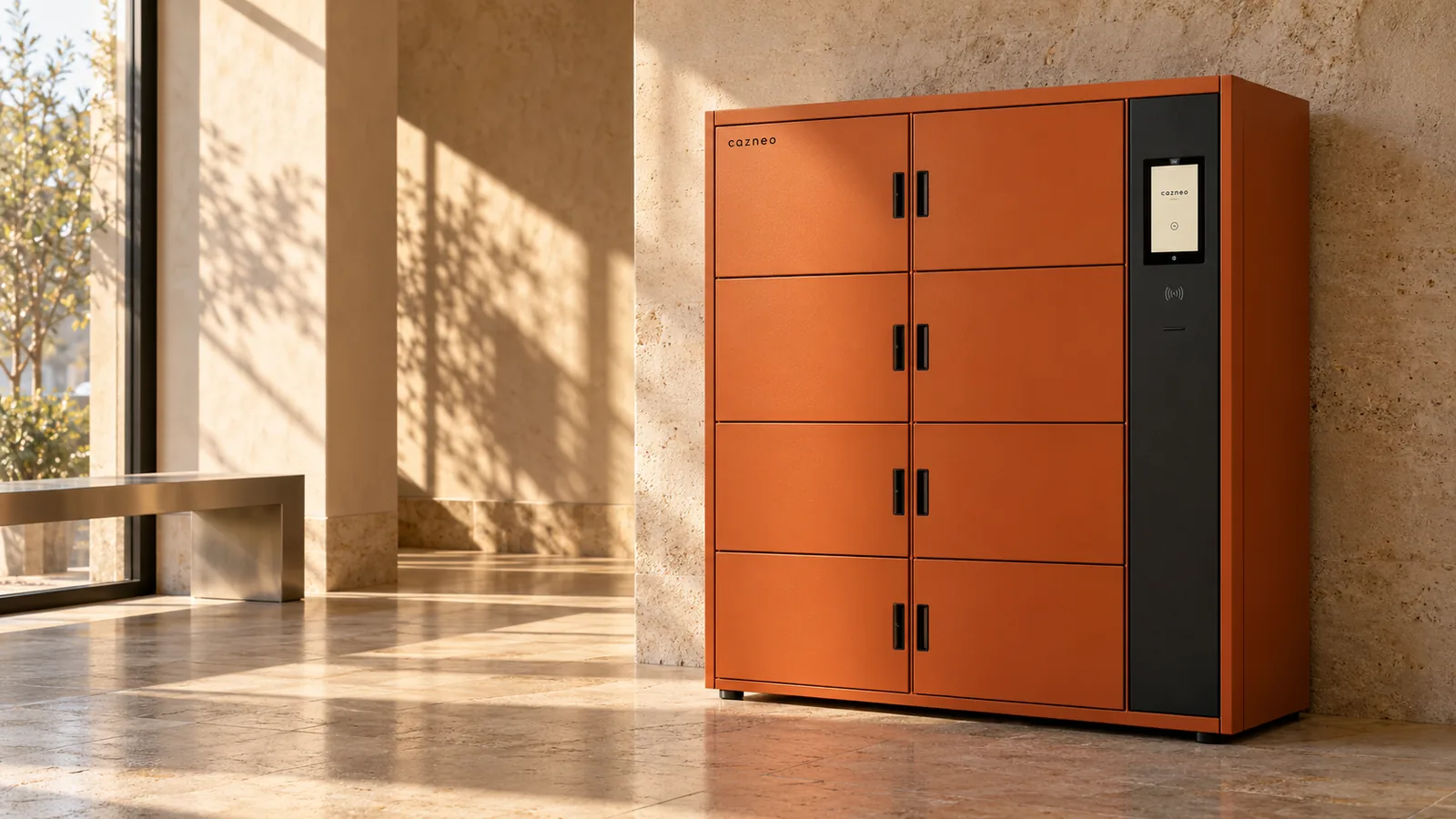 Rendu de concept d’un casier Cazneo orange dans un espace contemporain en pierre claire, éclairé par le soleil